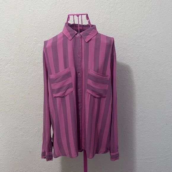 Ana pink and purple striped button up blouse - Picture 3 of 16